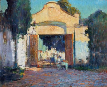 Alson Clark "Top of the World, Cuernavaca Cathedral, Mexico" 26 x 32 inches, oil on canvas, excellent condition! Available.Cuernavaca is known as the City of Eternal Springs. Originally, it was established by the Olmec, "the mother culture" of Mesoamerica, approximately 3200 years ago. Today, by car it is located thirty minutes south of Mexico City. Its pleasant climate has attracted royalty and nobles since Aztec times. Most of the Aztec emperors called Cuernavaca their summer residence. Foreign princes, archdukes, and other nobles have been attracted to this place because of its flowers, sun, fruits, fresh-water springs, and waterfalls. Today, it is called the Beverly Hills of Mexico City and many of these residents includes artists, intellectuals, and film stars. . Alson Clark titles his painting "Top of the World" referencing Cuernavaca's elevation of 5000 feet with majestic panoramic views overlooking a valley floor below. The Cuernavaca Cathedral is the city's main church, the cathedral was originally a gift to the population from Cort&eacute;s, but it also doubled as a fortress, with cannons mounted above the buttresses.
